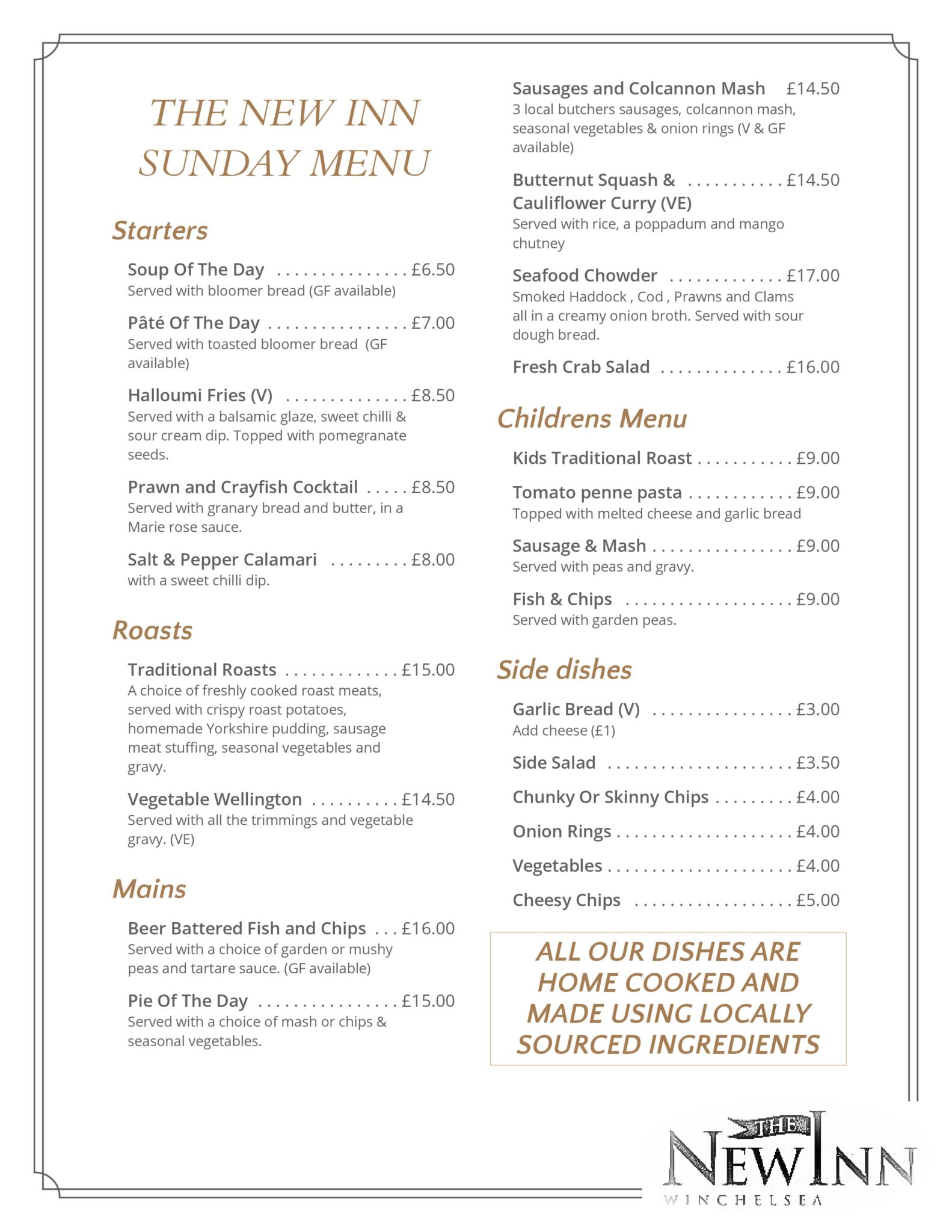 The Inn Menu Menus - The New Inn at Winchelsea