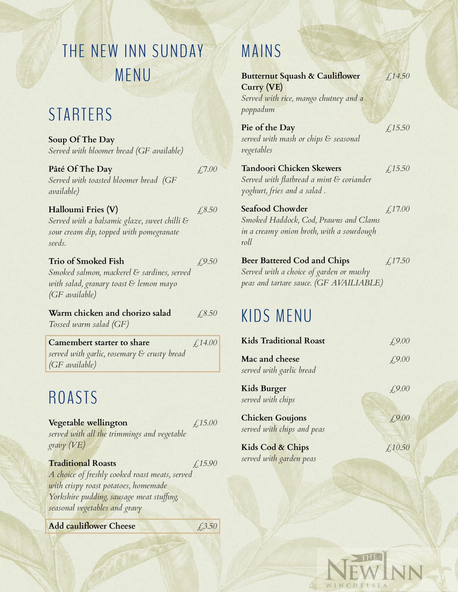 The Inn Menu Menus - The New Inn at Winchelsea